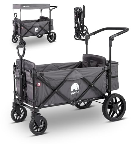 elvent® SmartCruiser Premium Bollerwagen - Handwagen faltbar mit Dach I Sitzpolster, Hecktasche, Feststellbremse, Off-Road-Reifen, 5-Punkt-Gurt I für 2 Kinder | Teleskop-Zugstange (Grau)