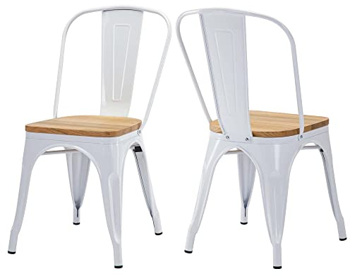 DUHOME Chaise de Salle à Manger Lot de 2 Chaise de Cuisine Empilable Tabouret en Métal Siège avec Dossier pour Bar Café Salon Restaurant, Blanc+Bois