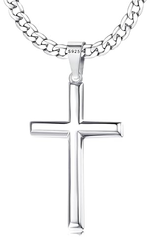 Roheafer 925 Sterling Silber Kreuz Anhänger Halskette für Herren Damen mit 5mm Edelstahl Diamant-Schliff Figaro Kette/Kubanische Kette 18K Weißgold plattierte Kreuz Halskette 48-76 Zentimeter