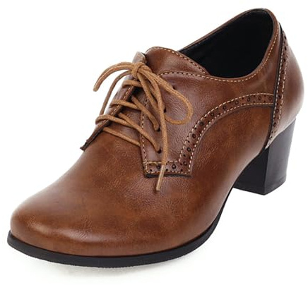 SHEMEE Women's Chunky Mid Heels Oxfords Vintage Round Square Toe Block Heeled Brogues Lace Up Work Offic Dress Shoes Size 7.5,Brown