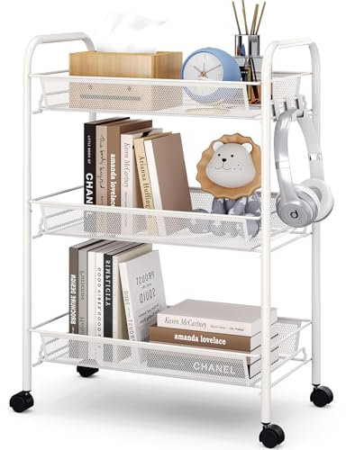 Urackify 3-stöckiger Rollwagen, Multifunktionaler mobiler Küchenwagen für Bad, Küche & Waschküche. Rostbeständiges Metall, atmungsaktiver Netzkorb & Seitenhaken inklusive.Einfache Montage, Weiß