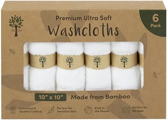 Bamboo Face Cloths - (6 Pack) Bamboo Face Cloth - 10 x 10 Soft Face Wash Cloth Flannels for Washing Face, Skin Sensitive, Makeup Removal, Premium, Adult, Body, Babies, Kids, Baby Gift