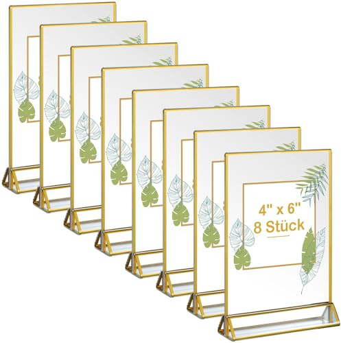 Vabrloy 8 Stück Goldener doppelseitiger Bilderrahmen,Acryl Schilderhalter mit Goldenen Rändern,Klare Vertikalem Ständer Doppelseitige Menüständer, Tischnummern für Hochzeiten,Party(10,2 x 15,2 cm) | Klare Doppelseitenansicht, Stabiler Stand, Eleganter Rand, Schilderhalter für Hochzeiten, Menüs und Tischnummern