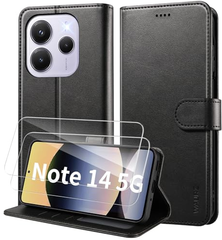 WAURZ Cover per Xiaomi Redmi Note 14 5G (Non per 4G), Custodia Cover Pelle Libro con 2 Pellicola Vetro Temperato Protezione Schermo Portafoglio Porta Carte Antiurto Cuoio Flip Case Custodia,Nero