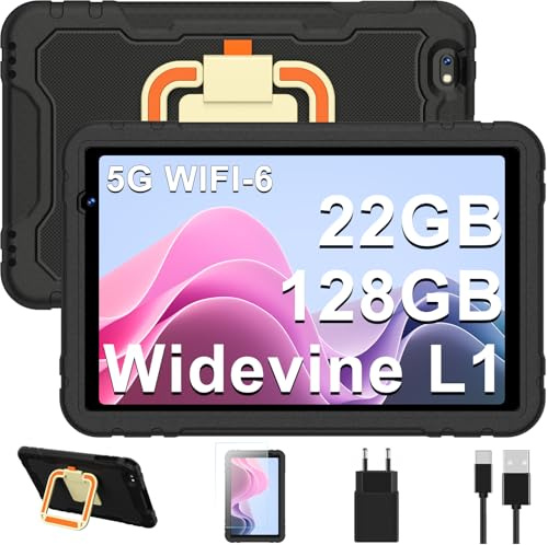 Tablet Niños 10 Pollici Android 14, 22GB RAM + 128GB ROM (TF 1TB), Octa-Core 8000mAH, Control Parental, Widevine L1, 5G WiFi 6, Bluetooth 5.0, 5MP + 8MP, Funda Protectora de Silicona para niños-Negro