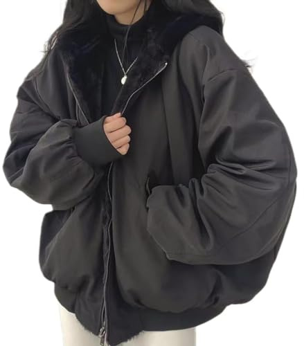 Generisch Damen Jacke Mit Reißverschluss Wendejacke Im Y2k Style Flauschige Fleece Jacke Mit Kapuze Für Winter (Black, M)