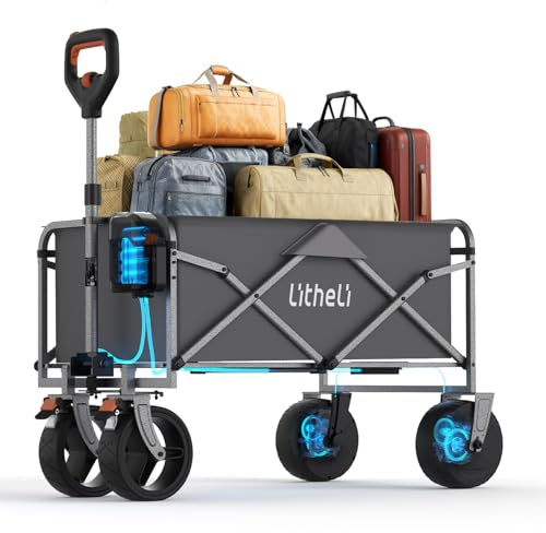 Litheli Elektrowagen Bollerwagen faltbar, Handwagen faltbar mit Motor und Bremsen, 100L 50KG geeignet für Camping, Garten, Strand, Einkaufen (Grau, W1 Go ohne Akku)