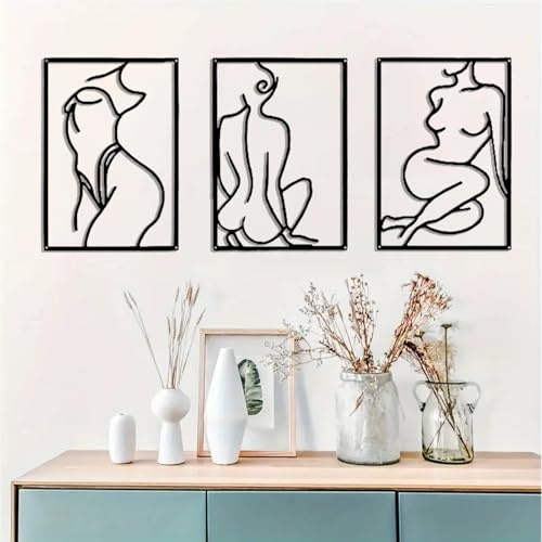 DUOOLN Wanddekoration Metall Wandkunst 3 Stück Wandbild mit Frau, moderne Zeichnungs skulpturen aus Eisen, einzelne Linie mit Frau Aufhängen Schlafzimmer Badezimmer, Wohnzimmer – 94 x 40 cm