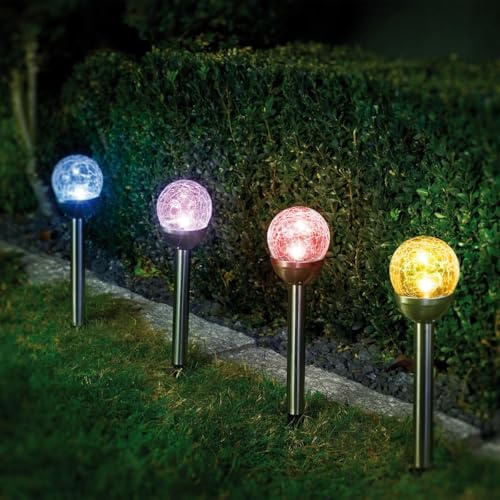 Bonetti Solarlampen für außen aus Edelstahl mit Bruchglas-Kugel, warm-weiße und bunte LED, kabellos, dekorative wetterfeste Solarleuchte für den Garten, Terrasse und Balkon (4er Set, RGBW, Ø 7 cm)