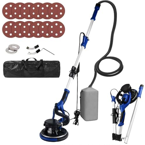 Lijadora eléctrica para paneles de yeso de 850 W, 800-1800 RPM con recogida de polvo al vacío y luz LED, diseño plegable, máquina de lijado eléctrica extensible, 12 discos de lijado para paredes y
