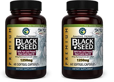 Amazing Herbs Premium Black Seed Oil Capsules - High Potency, Cold Pressed Nigella Sativa Aids in Digestive Health, Immune Support & Brain Function - 60 Count, 1250mg (Pack of 2)