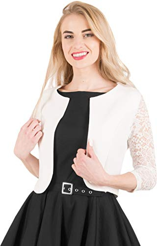 BlackButterfly Beskuren 3/4 Spets Ärm Öppen Bolero Kväll Jacka Blus (Elfenben, M)