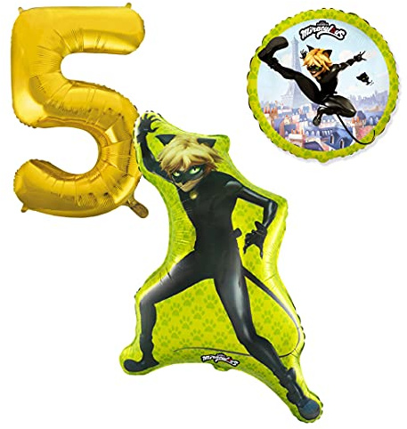 Cat Noir Ballonset Ballon mit goldener Zahl 5 Kindergeburtstag Heliumgeeignet Deko Kindergeburtstag Partygeschirr Dekoration für Geburtstag Party Mottoparty Motto Luftballons