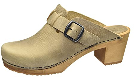 Sanita Malulo Clog | Original handgemacht | Leder-Holzclogs für Damen | Verstellbarer Riemen | Hellbraun | 39 EU
