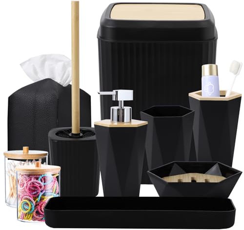 Schwarzes Badezimmer-Zubehör-Set, 10-teiliges Bambus-Badezimmer-Set mit Mülleimer, Tablett, Seifenspender, Seifenschale, Zahnbürstenhalter, Zahnbürstenbecher, Taschentuchhalter, WC-Bürste und
