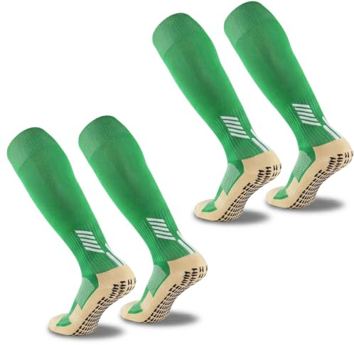 FIBOGOUP - Chaussette de Football Combinaison 32-38 | Chaussettes de Sport Enfant | 2 paires vert | Grip Socquettes pour Basket Trekking Cyclisme Yoga