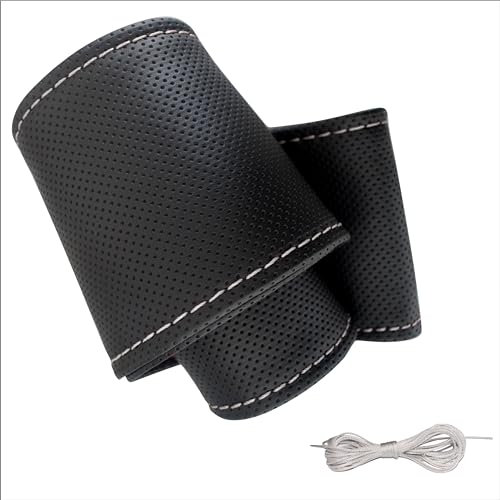 Lenkradbezug Pu Leder, Auto Lenkradhülle zum schnüren Nähen mit Nadel und Faden gepunktet UNIVERSALGRÖSSE 37-39 cm M2 Schwarz Weisses Naht
