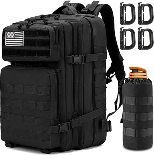 MUCHER 45L Militär Taktische Rucksack Herren mit Flaschenhalter und 4 Haken Große Wanderrucksack Molle Armee Assault Rucksack für Wandern Jagd, Trekking und Camping und Outdoor Aktivitäten (Schwarz)