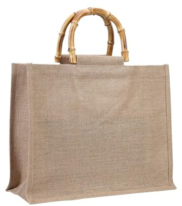 Borsa Juta Borsa tote da donna in tela di iuta Borsa da spiaggia retrò Manico in bambù Borsa a tracolla da spiaggia in lino Borsa con manico superiore Borse for la spesa riutilizzabili alla moda Borsa