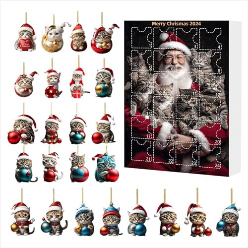 Weihnachtsbaum Katzen Anhänger, Weihnachtsanhänger Kleine Katze Deko, Adventskalender 2024, eihnachtsanhänger Baumschmuck, 24-Tage-Weihnachts-Countdown-Kalender, 2D Acryl Katzen-Hängeanhänger (E)