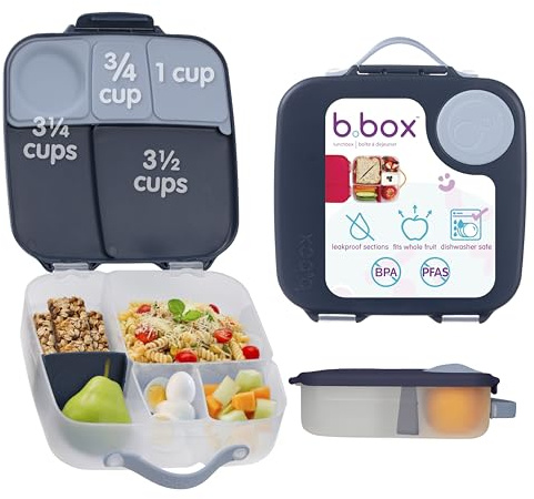 b.box Lunchlåda | Stor Bentolåda med 4 fack (2 läckagesäker), avtagbar avskiljare, gelkylförpackning | Perfekt för skolan | från 3+ | 2 l kapacitet