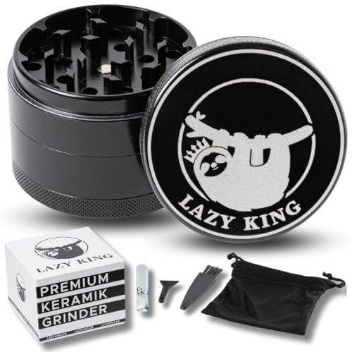 LAZY KING Premium Keramik Grinder Crusher - 63 mm, 4-teilig - Set mit Reinigungsbürste, Glasfilter Tragetasche, Pollen Scraper - Kräutermühle mit Nano Keramik Beschichtung (Schwarz)