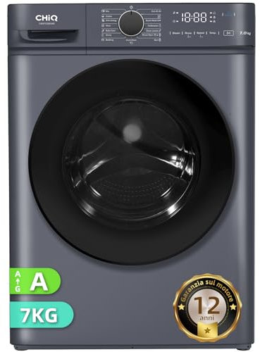 CHiQ Lavadora 7kg CW07123863AX Carga frontal - Clase A, Motor inverter,BLDC 1200 RPM, Vapor y Lavado rápido, 15 Programas, Diseño compacto (60x46,5x84cm) - Gris moderno