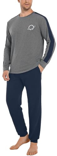 Crewhpo Pijama Hombre Invierno Algodón Conjunto de Pijamas Manga Larga Ropa de Dormir 2 Piezas con Largo Camiseta y Pantalones