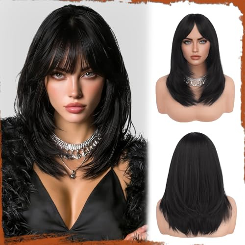Sofeiyan Pelucas Mujer pelo Natural con Flequillo, 40 cm Negro Natural Sintético Resistente al Calor Peluca Largas Rectas,Cabello Layered para Fiestas Diarias y Cosplay