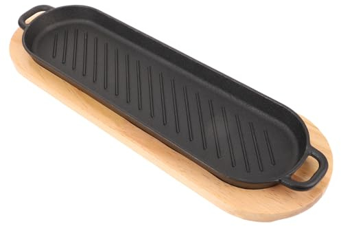 TOBBOMEY Plaque à Steak Fonte avec Base Bois Poêle Grillade Antiadhésive à Double Poignée pour Barbecue et Cuisson Uniforme Plat Multifonction pour Viande Poisson et Accompagnements