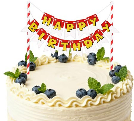 Cartoon Geburtstagskuchen Banner in Rot und Weiß, Bezaubernd Animiert Happy Birthday Kuchenaufsatz für Mottopartys Desserts Cupcakes & Gebäck Zubehör