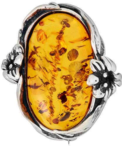 Sterling Silver Baltic Amber Oval Brooch Pin for Women Antiqued Finish Approx. 1 3/16 inch Wide