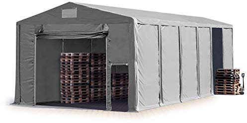 TOOLPORT Tente de Stockage 8x12 m à 4 mètres de Hauteur de côté avec bâches en PVC 850 N Gris imperméable avec Porte à Traction