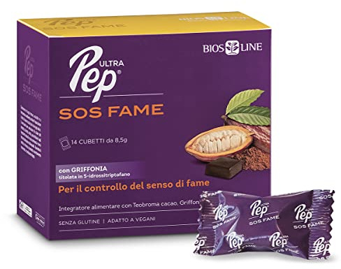 BIOS LINE, Ultra Pep® SOS FAME, Integratore Alimentare per il Controllo del Senso di Fame, Equilibrio del Peso Corporeo, Con Triptofano e Griffonia, 14 Cubetti Gusto Cacao