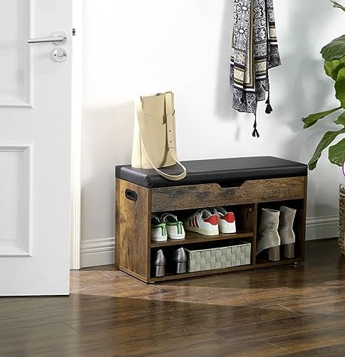 HYGRAD BUILT TO SURVIVE Industrial Wooden Shoe Storage Organizer Bench with Lift Up Seat & Cushion, 2 Tiers Shoe Rack, Rustic Brown