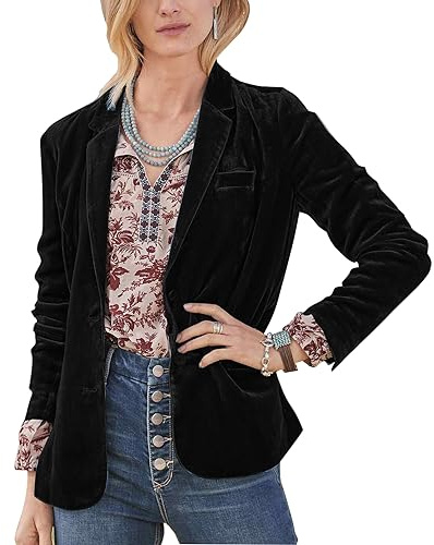 MINTLIMIT Damen Casual Samt Blazer Mit Gekerbt Revers Und Knopfleiste - Langarm Jacke Mantel, Schwarz, 44