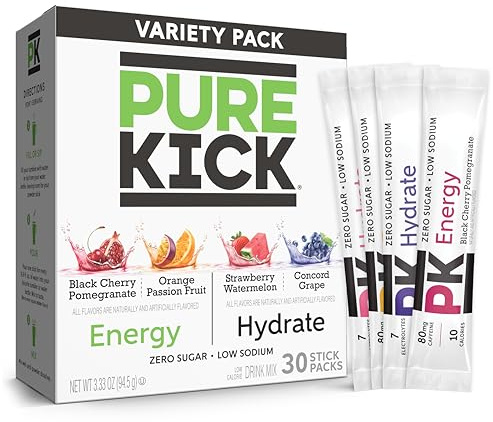 PURE KICK Energy and Hydrate Singles To Go - Paquete variado de mezcla de bebidas, granada de cereza negra, fruta de la pasión naranja, sandía y uva Concord, 30 unidades (paquete de 1)