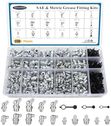 310PCS SAE & Metric Grease Nipple Assortment Kit, Hydraulic Grease Fittings Standard with Plastic Grease Fitting Caps