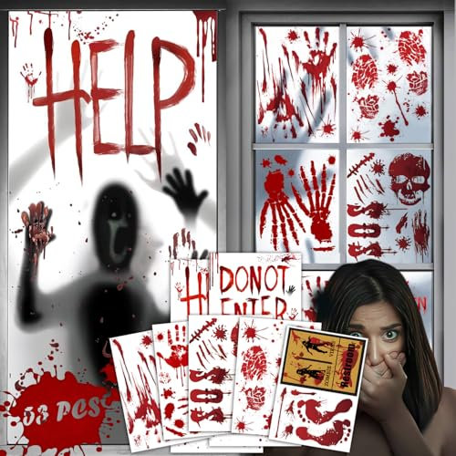 Halloween Dekoration Horror Fenster Bilder - Blutige Fenster Handabdruck Fußabdruck, Gruselig Fensterdeko Wiederverwendbar Blutige Aufkleber für Halloween Deko Scary Haunt Deko Indoor