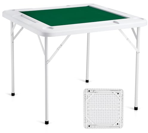 VEVOR Mahjong Table, 4 Player Folding Domino Table with Wear-Resistant Green Tabletop, Portable Square Card Table with 4 Cup Holders & 4 Chip Trays for Mahjong Poker Puzzles, 35.4 x 35.4-inch
