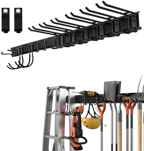 YedZen Wandhalterung Gerätehalter mit 12 Metallhaken, 64 inch/162cm Metall Garagen Wandhaken Werkzeugregal mit 4 Rail Panel, Werkzeughalter Organizer für Besen Keller Gartengeräte Rechen Werkstatt