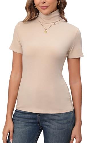 T-shirt med hög hals korta ärmar för kvinnor tröjor stickad tröja basic tunn stretch smal passform pullover vinter vår höst mode bekväm klassisk ledig, Beige, L