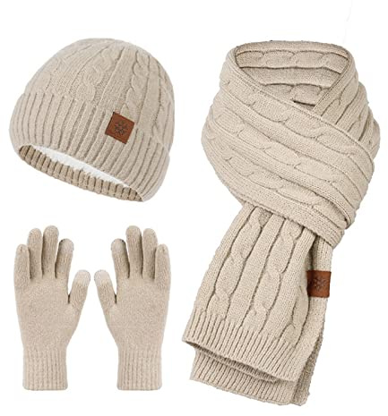 Set di sciarpa, berretto e guanti in maglia, in pile, da donna, caldo, antifreddo, set di tre pezzi (kaki, taglia unica)