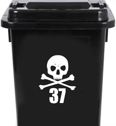 Pack of 3 Skull & Cross Bones Waterproof Personalised Wheelie Bin Stickers Custom House Number - Stick On House Numbers - Halloween Decor