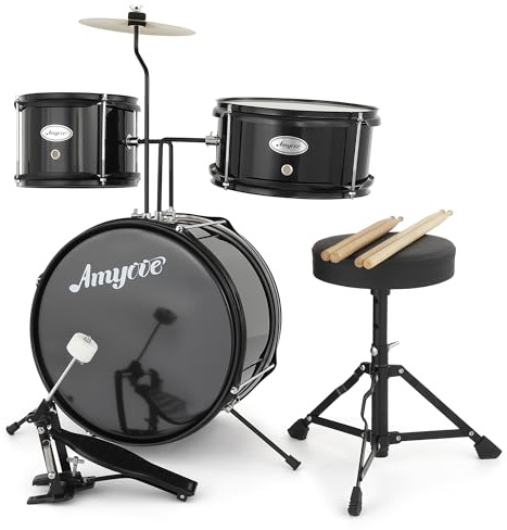 Batería Electrónica De 3 Piezas Para Niños Principiantes - Incluye Platillo, Tom, Bombo Con Pedal, Baquetas y Asiento Ajustable. Kit De Percusión Musical Para Niños y Niñas, Color Negro.
