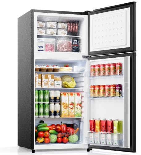 KOMORE Small Fridge Freezers Freestanding 180L 7‑Stage Thermostat LED Light | Black, 2 Doors, Removable Shelves, Low Noise, Energy Saving Under Counter Fridge Freezer for Dorm/Office/Bedroom