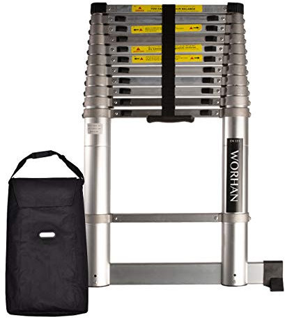 WORHAN® 3.8M TELESKOPLEITER MIT ALUMINIUMRINGEN ALULEITER ANLEGELEITER ALU TELESKOP Leiter MULTIFUNKTIONS Leiter MIT STABILISIERUNG 1AK3.8+Bag