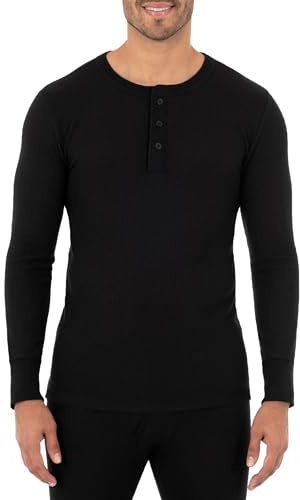 Fruit of the Loom Men's Recycled Waffle Thermal Underwear Henley Top, Black, X-Large