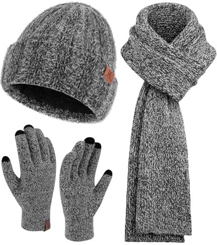 Womens Winter Warm Knit Beanie Hat Touchscreen Gloves Long Neck Scarf Set with Fleece Lined Skull Caps Gifts for Women