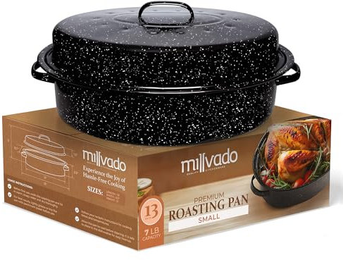 Millvado Sartén para asar con tapa, bandeja para asador de pavo, tostador de horno de granito de 13 pulgadas con forma ovalada de esmalte moteado en utensilios de cocina de acero